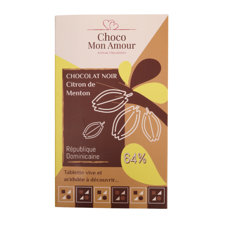 Tablette chocolat noir 64 % République Dominicaine & citron de Menton